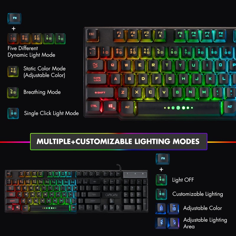 CHONCHOW Wired Gaming Keyboard for Mac PC PS5 PS4 Xbox One Gamers, RGB Backlit LED Mechanical Feel Keyboard with Multimedia Keys Number Pad, 104 Keys USB Desktop Computer Windows Keyboard (Black) - Image 3